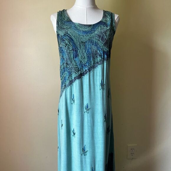 90s Y2K Ocean Blue Embroidered Tank Maxi Dress Boho Hippie Small - Picture 2 of 10